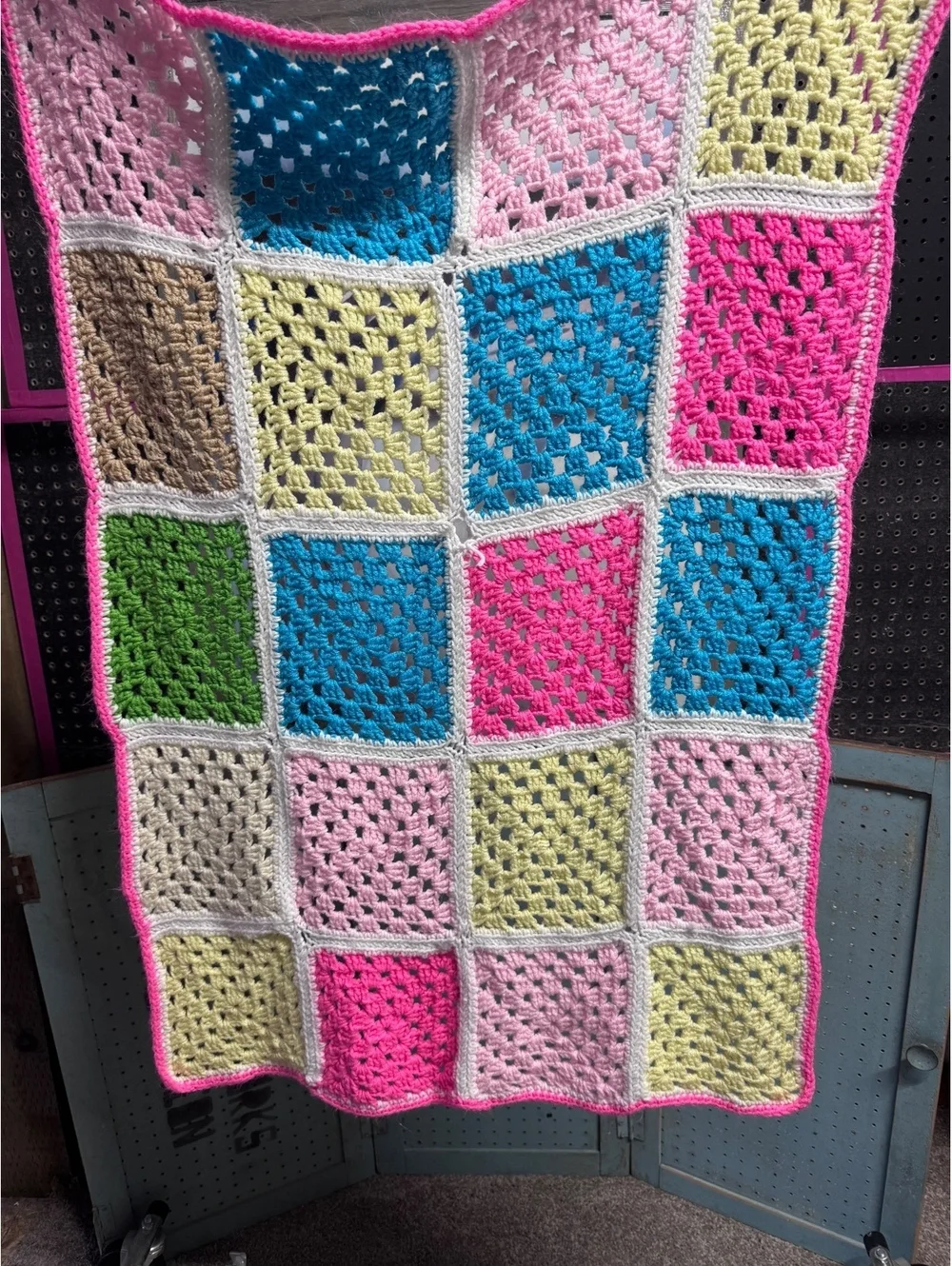 Handmade Crochet Granny Square Blanket Blue Pink Yellow Mint 41x39 Afghan Throw